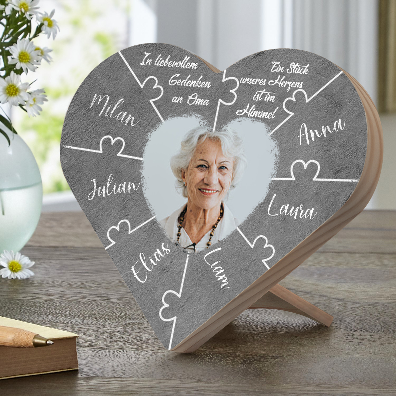 Kettenmachen Personalisiertes Foto & 6 Namen Trauer HerzholzDekoIn liebevollem Gedenken an Oma