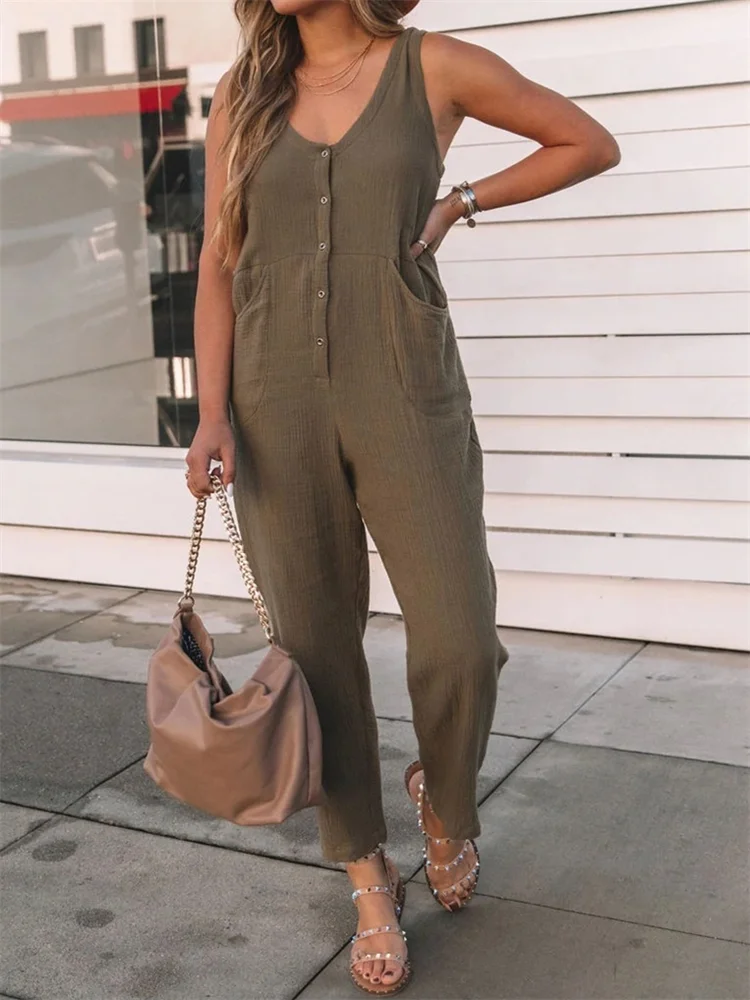 Button Up V Neck Casual Jumpsuit