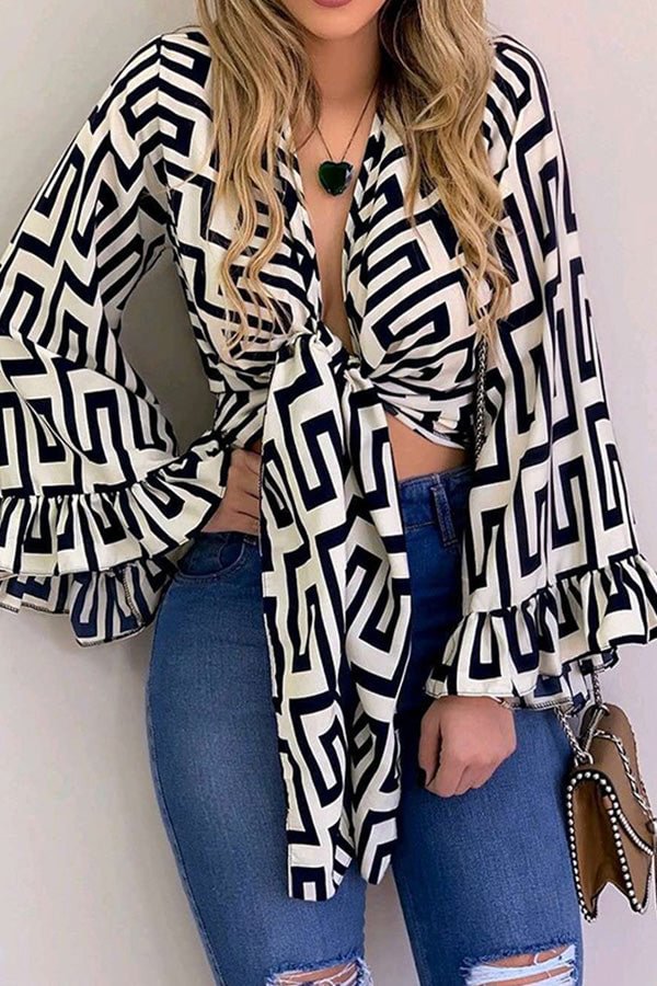 Geometric Print Lace-up Blouse - BlackFridayBuys