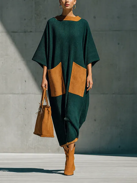 Women's Batwing Sleeve Colorblock Pocket Maxi Dress MD