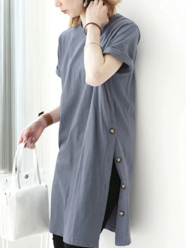 Casual Roomy Split-Side Pure Color Round-Neck T-Shirts Tops