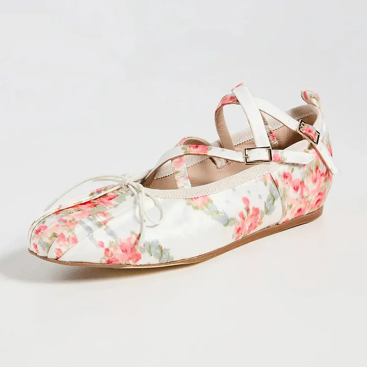 White Floral Print Satin Crisscross Buckled Straps Bow Ballet Flats |FSJ Shoes