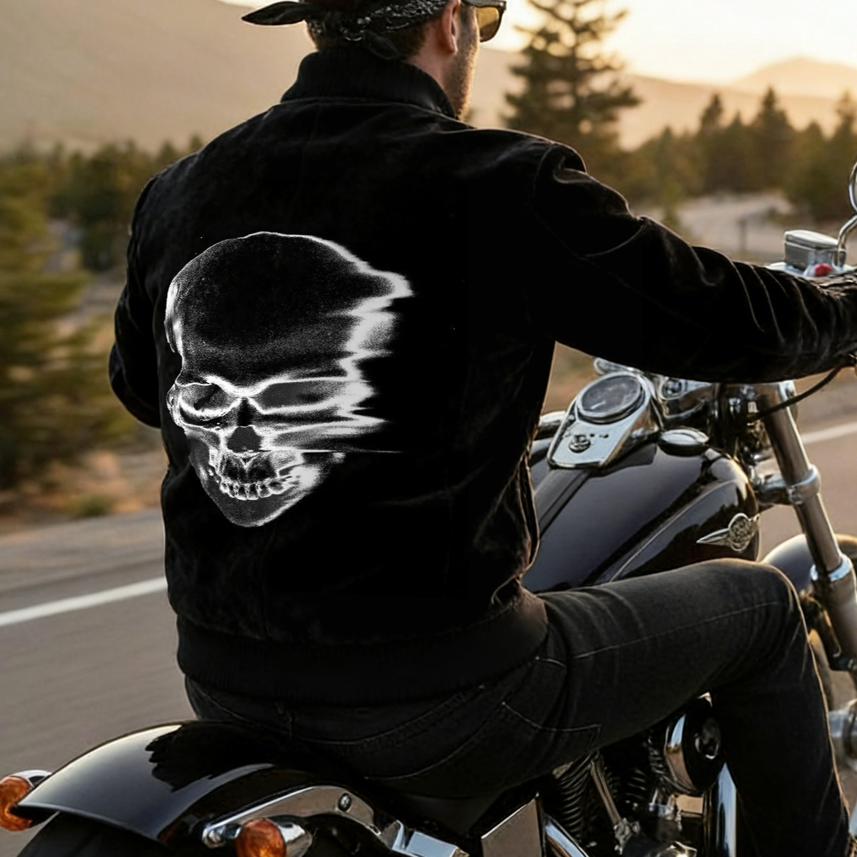 Luminous Skull Graphic Stand Collar Suede Zipper Jacket