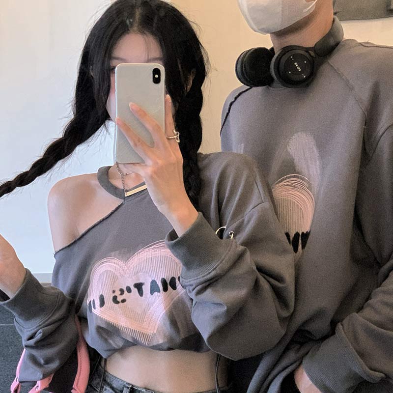 Girlfriend Boyfriend Love Heart Print Cold Shoulder Sweatshirt