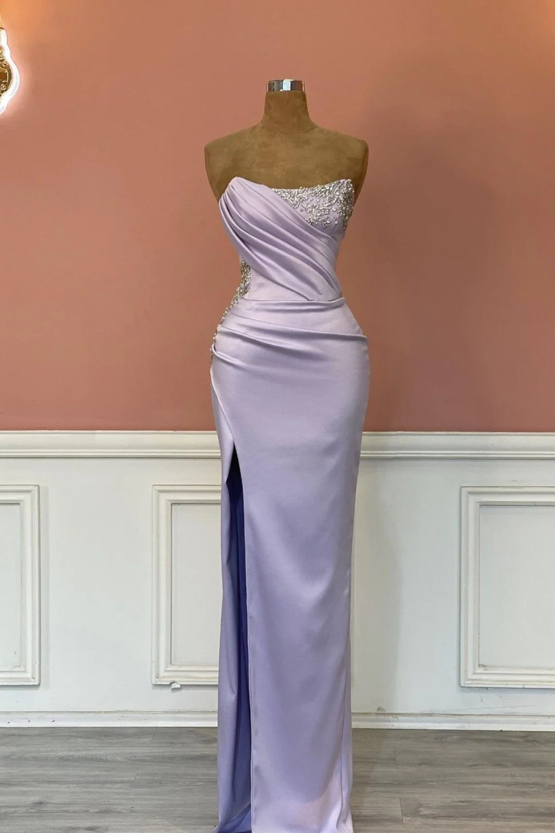 Lussooy Light Purple Mermaid Prom Dress With Rhinstone Long Gown Sleeveless