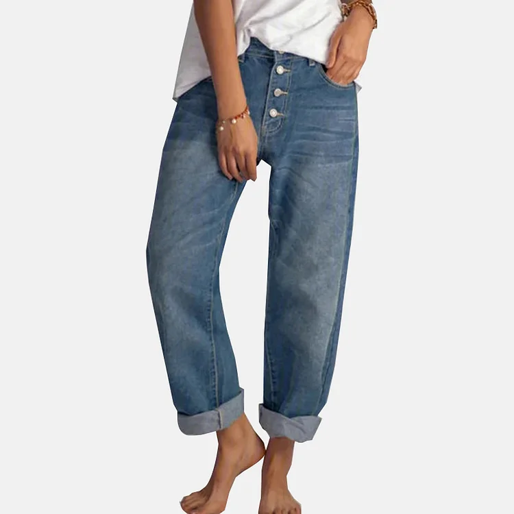 Women's Casual Button Washed High Waist Straight Leg Denim Jeans