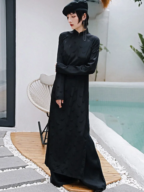 Vintage Black Stand Collar Split-Side Long Cheongsams