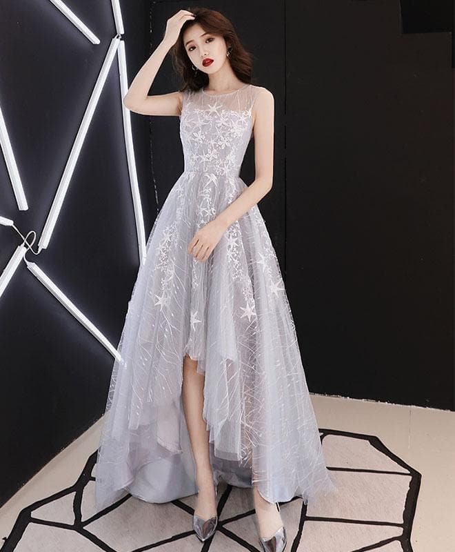 Gray Tulle Lace High Low Prom Dress, Gray Tulle Evening Dress