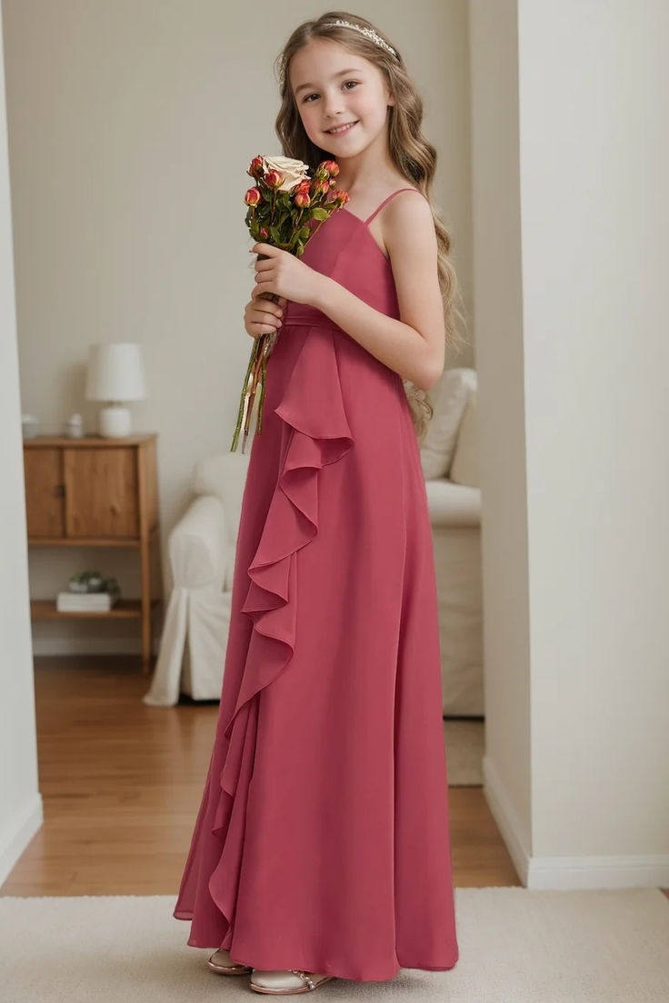 Daisda Elegant Spaghetti Straps Sleeveless Ruffles Junior Bridesmaid Dress