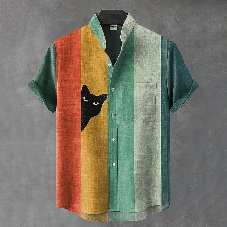 Men's Vintage Black Cat Contrast Stripes Art Short Sleeve Shirt