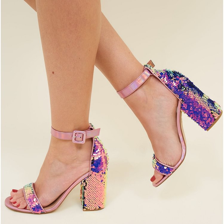 Pink Sequined Open Toe Chunky Heels Sandals Prom Shoes |FSJ Shoes