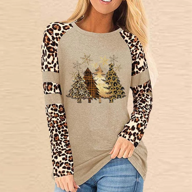 Leopard Print Sleeve Christmas Trees Pattern Design Women Long T-shirt