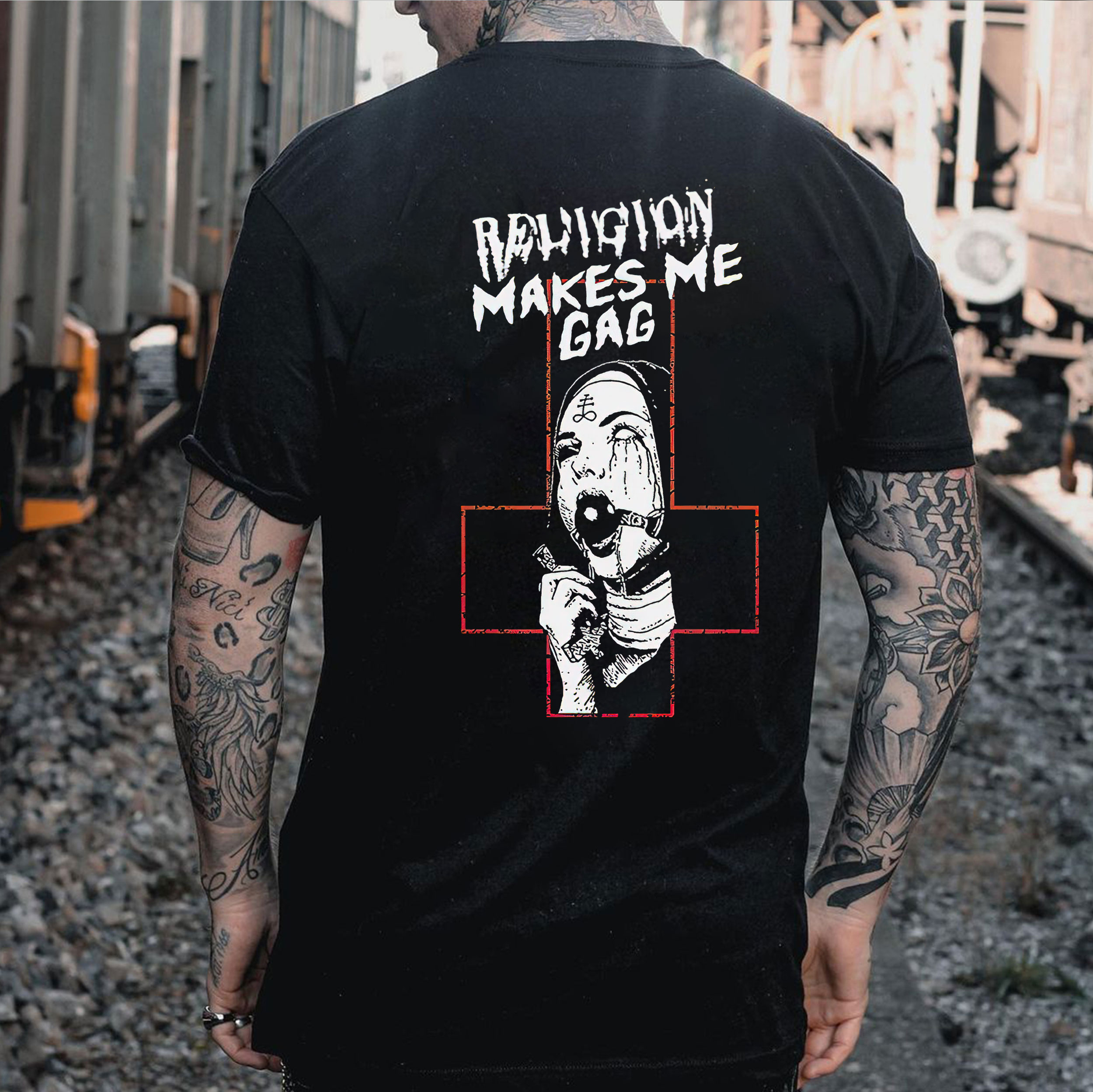 RELIGION MAKES ME GAG Nun in Crucifix Graphic Black Print Tshirt