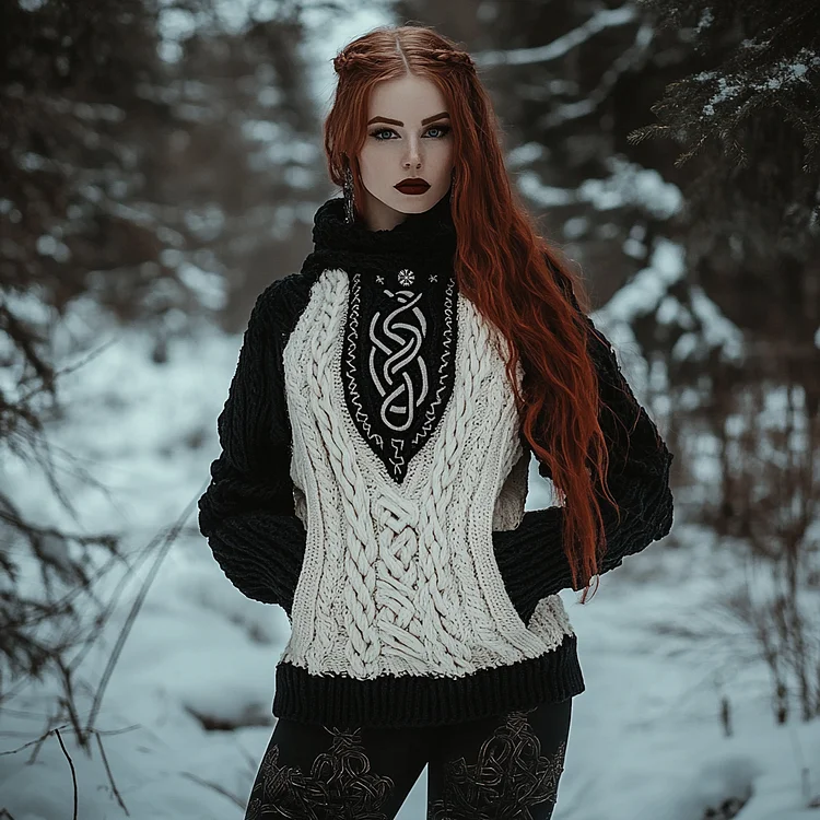 Women's Viking Tribal Jacquard Celtic Inspired Chunky Knit Hooded Sweater