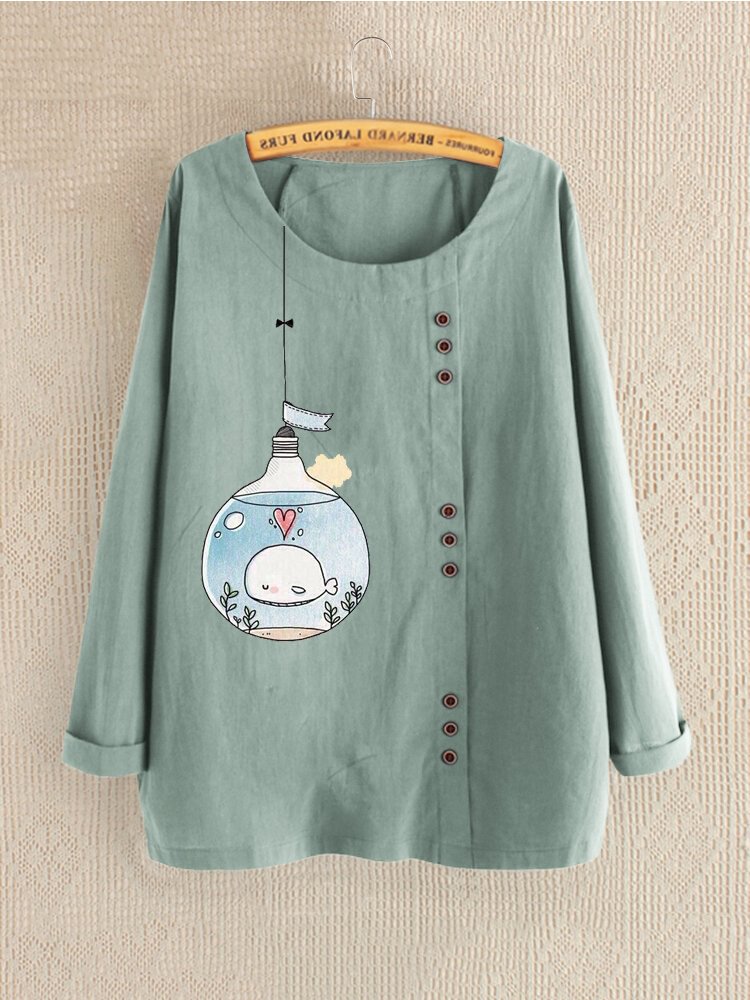 Button Long Sleeve Cartoon Casual Blouse For Women P1529284