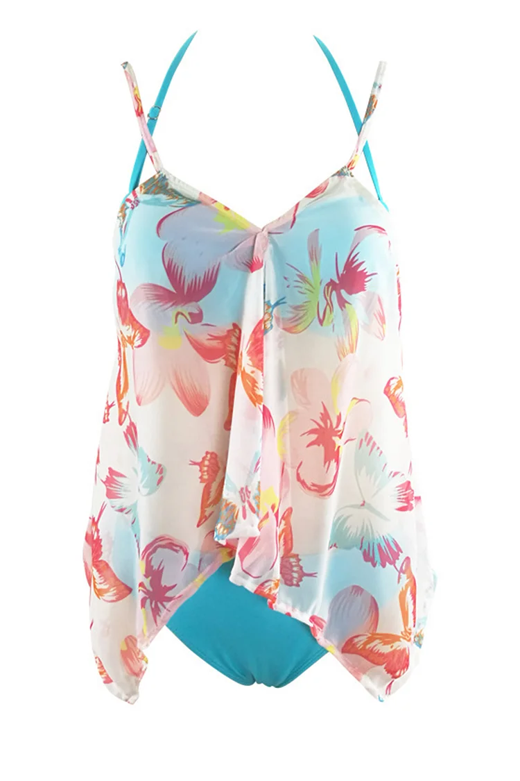 1950s Blue Vacation Halter Floral Print High Waist Three Pieces Swimsuit Set