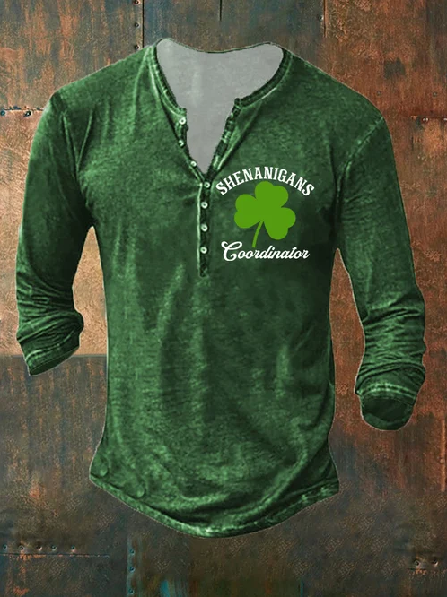 Men's Shenanigans Coordinator Clover Print Long Sleeve Henley Shirt
