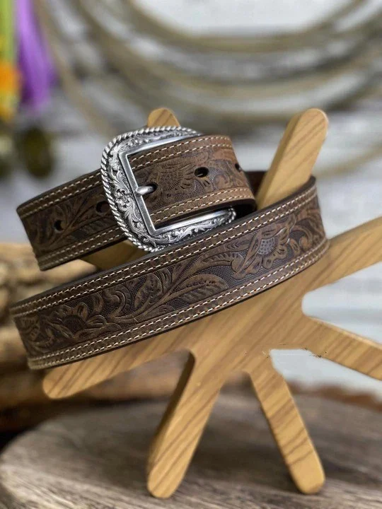 Floral Tooled Double Stitched Belt