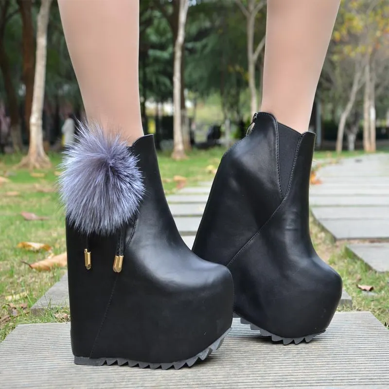 VCSHOES Faux Fur Decorate Inside High Wedge Heel Ankle Boots