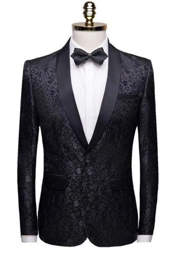 Dresseswow Black Jacquard Shawl Lapel Men Suits Dresseswow Slim Fit Two-Pieces Wedding Groom Tuexdos