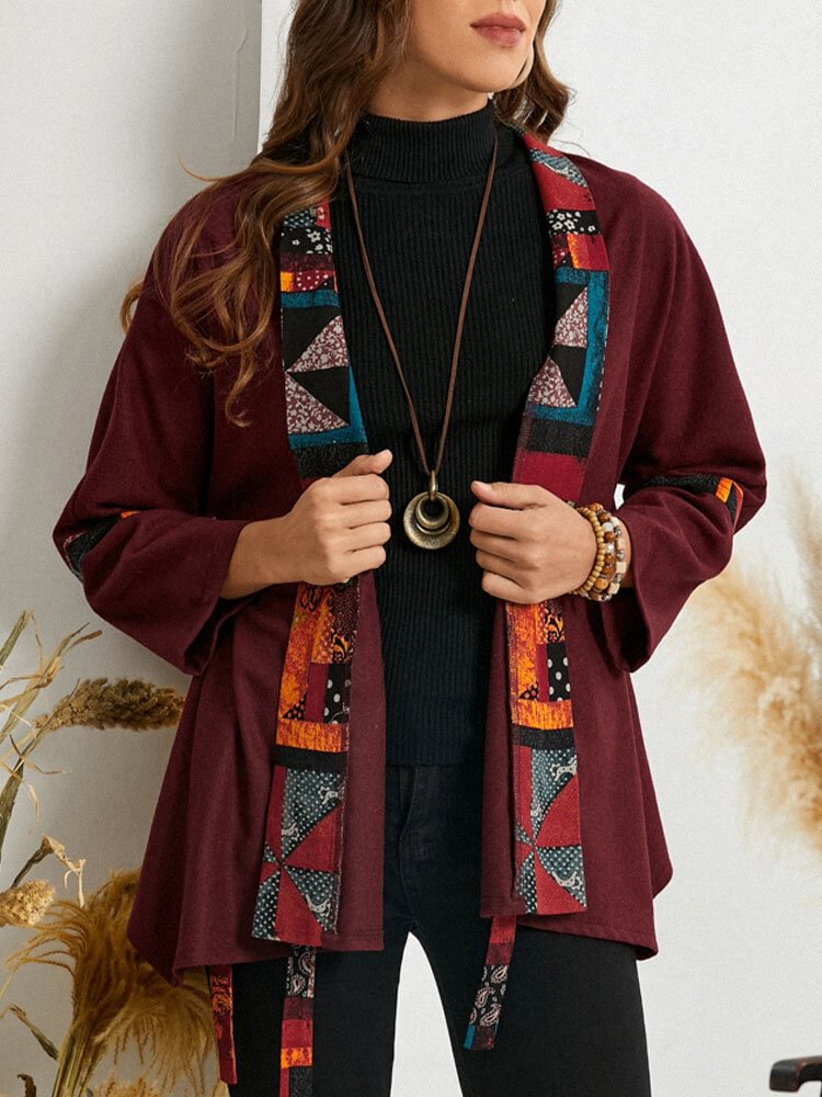 Tribal Pattern Knotted Long Sleeve Lapel Jacket - BlackFridayBuys