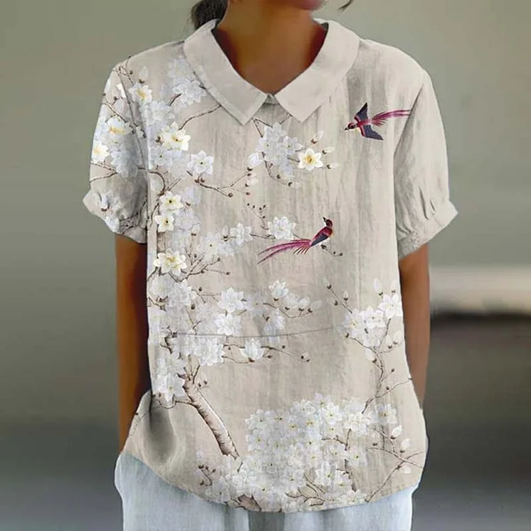 Lässige Bluse mit kurzen Ärmeln und Blumen-/Vogel-Print