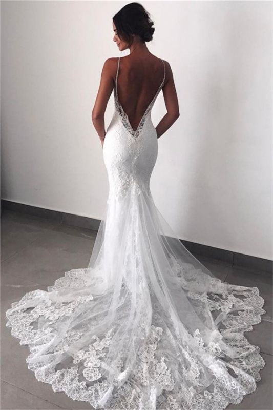 Dresseswow Spaghetti-Straps Mermaid Lace Wedding Dress With Appliques On Sale