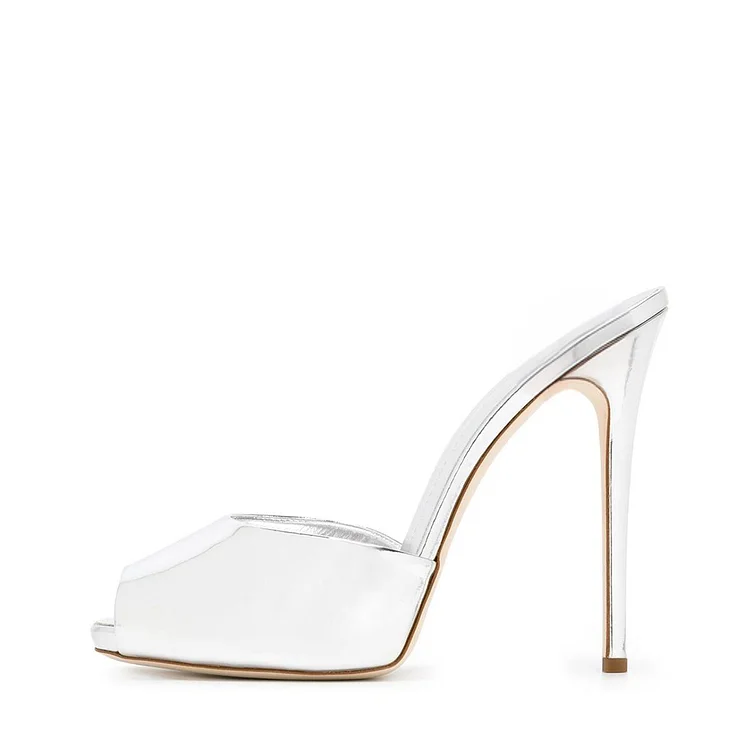 White Metallic Open Toe High Heel Mules Vdcoo