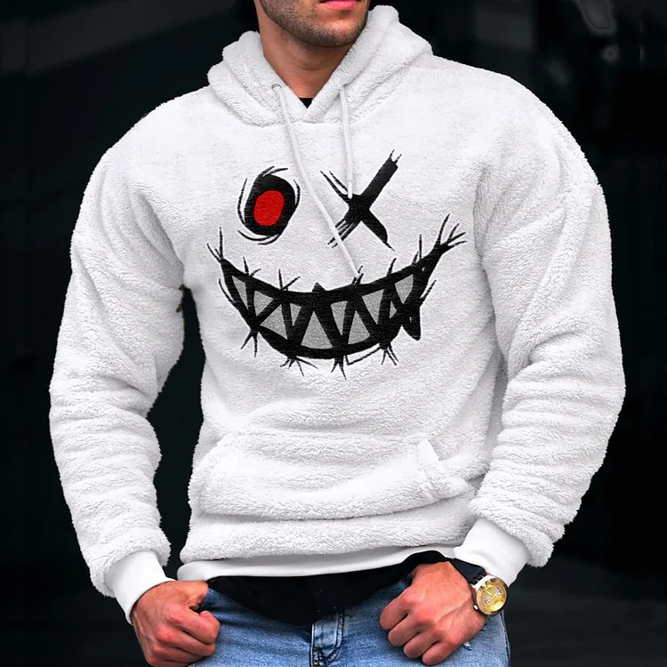 Smiley Embroidered Lamb Velvet Hooded Sweatshirt