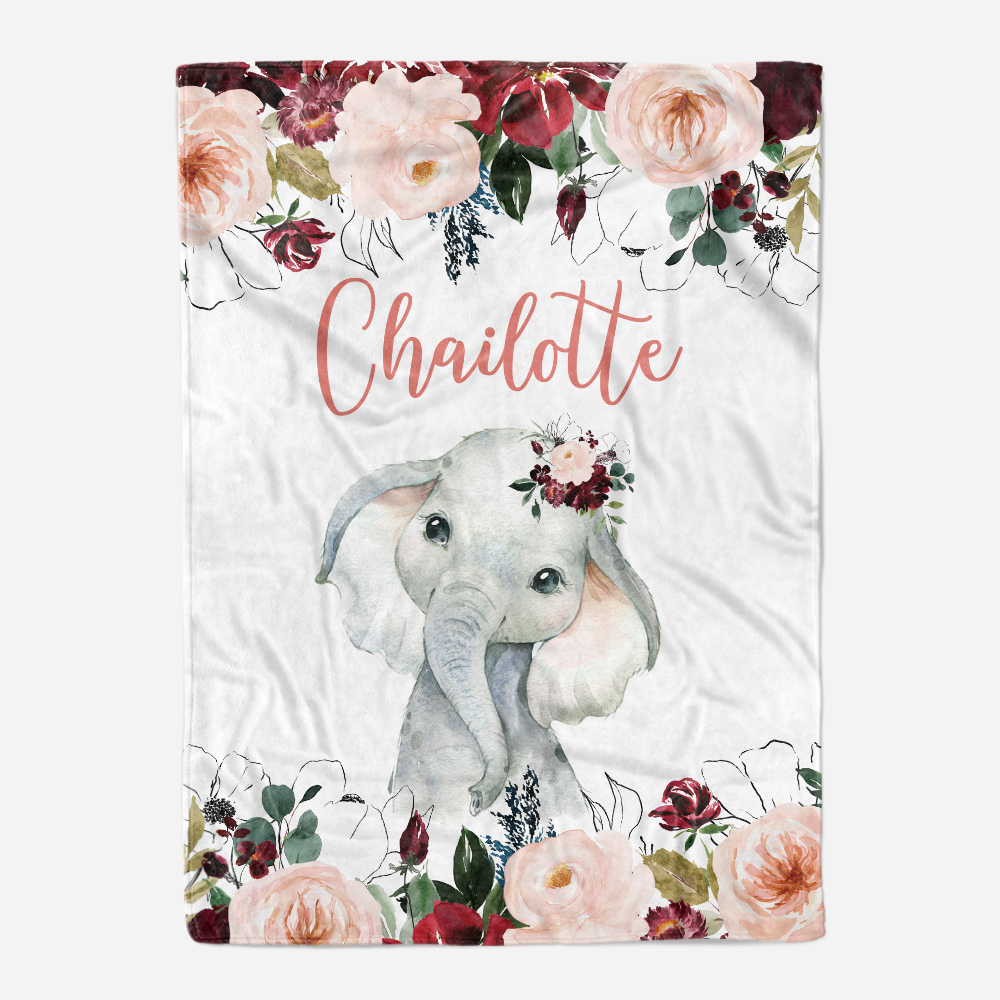 Baby Elephant Blanket, Personalized Baby Name Blanket Bodysuit and Bib Set