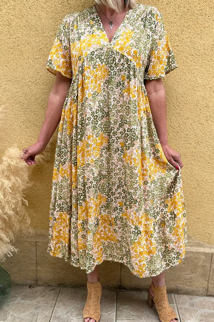 V Neck Colorblock Pattern Printed Linen Bohemia Midi Dresses [Pre Order]