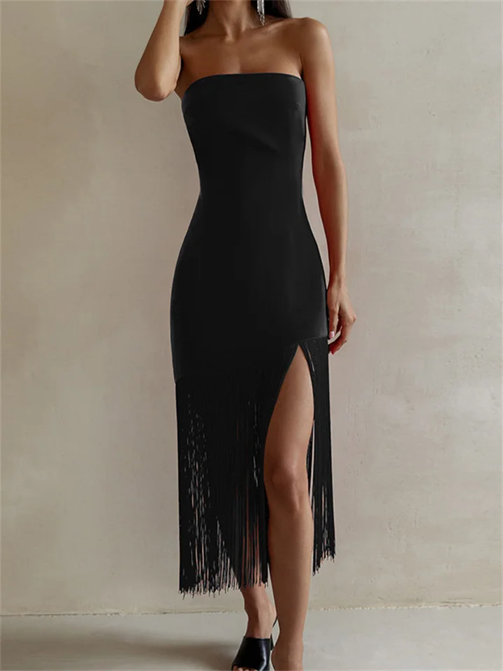 Summer New Solid Color High Waist A Word Collar Tight Dress Fringe Sexy Bust Open Sexy Hot Girls In The Long Paragraph Dress Female-JRSEE