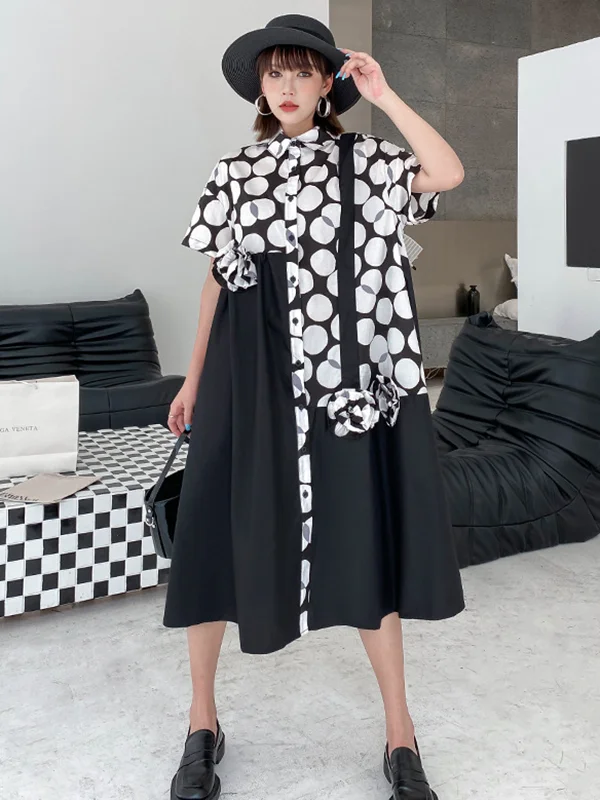 Original Stylish Polka-Dot Pleated Midi Shirt Dress