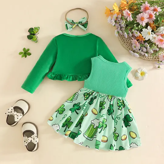 【3M-3Y】Girls' St. Patrick's Day Long-Sleeve Cardigan + Sleeveless Dress Set