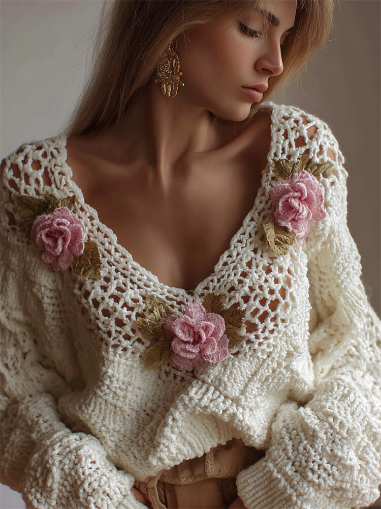 Vintage Pink Floral Fiber Art Lace Crochet Cozy Sweater