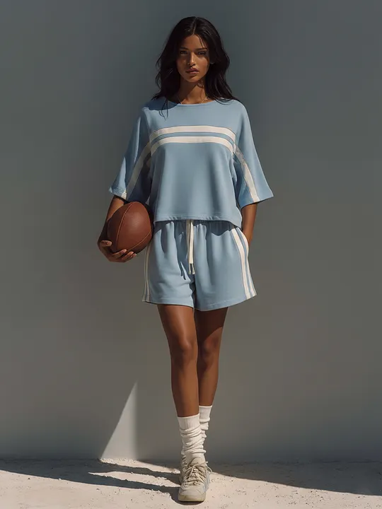 Women's Light Blue Cotton-Blend Stripe Co-Ord Set With Crop Top & Shorts, Modern Sporty-Chic Outfit MD