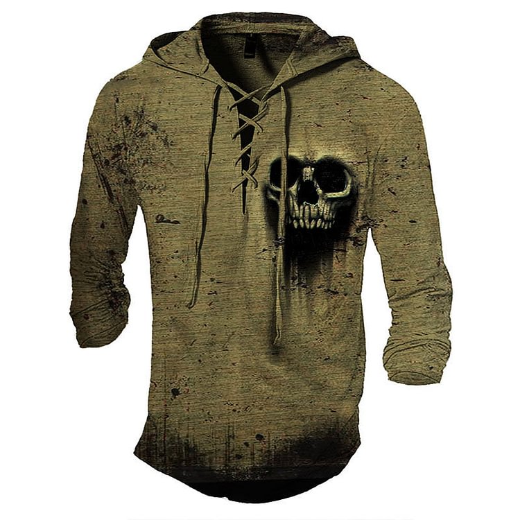 Men's Retro Skull Print Lace-Up Hooded Long Sleeve Shirt