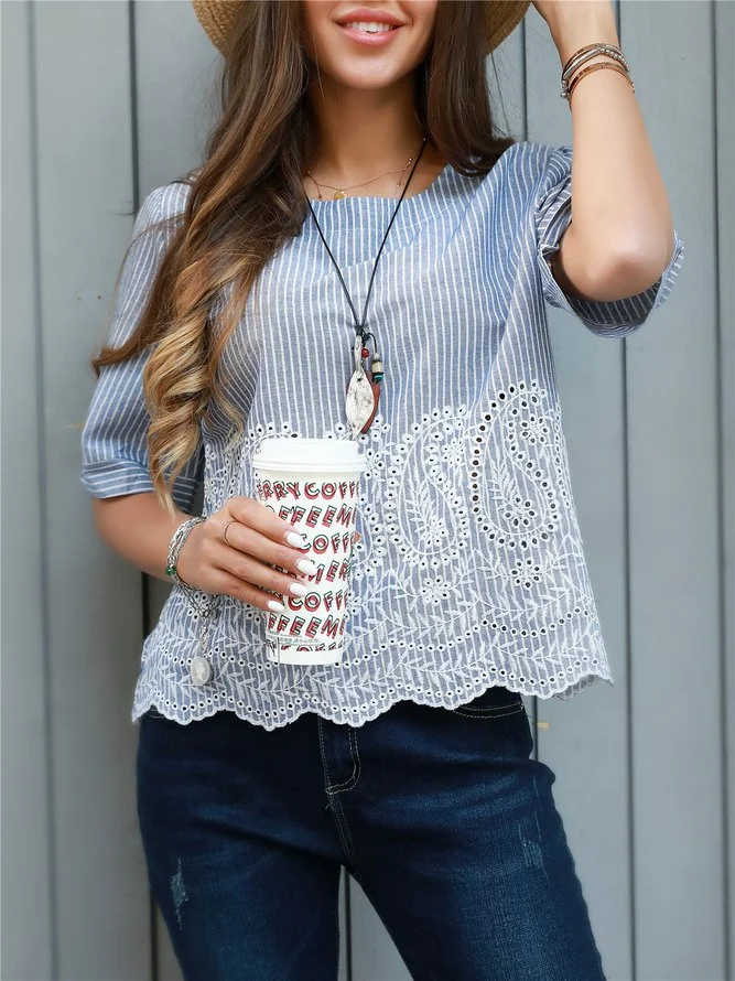 Stripe-Blue Short Sleeve Crew Neck Shirts & Tops Zaesvini