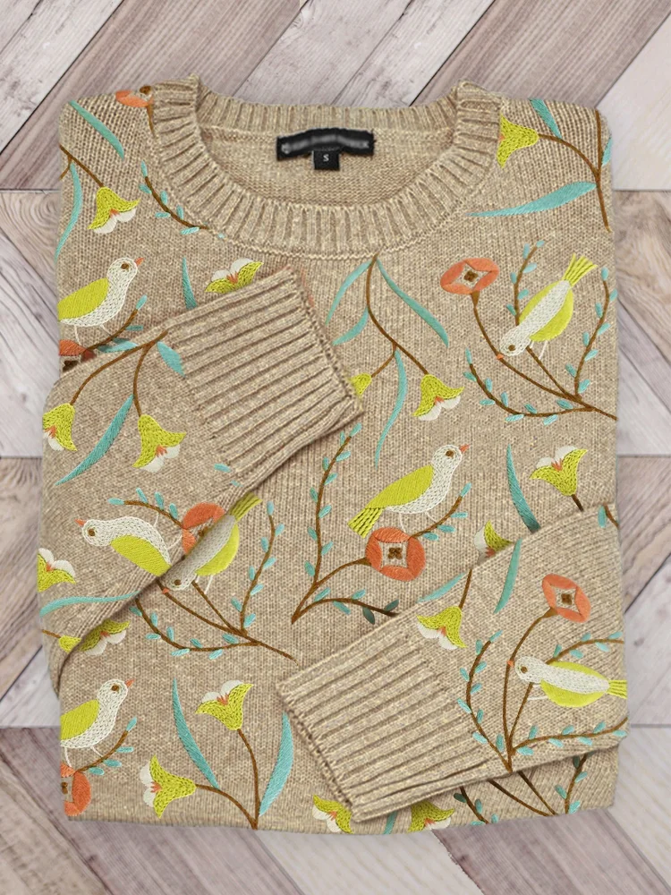 Birds Floral Embroidery Pattern Cozy Knit Sweater