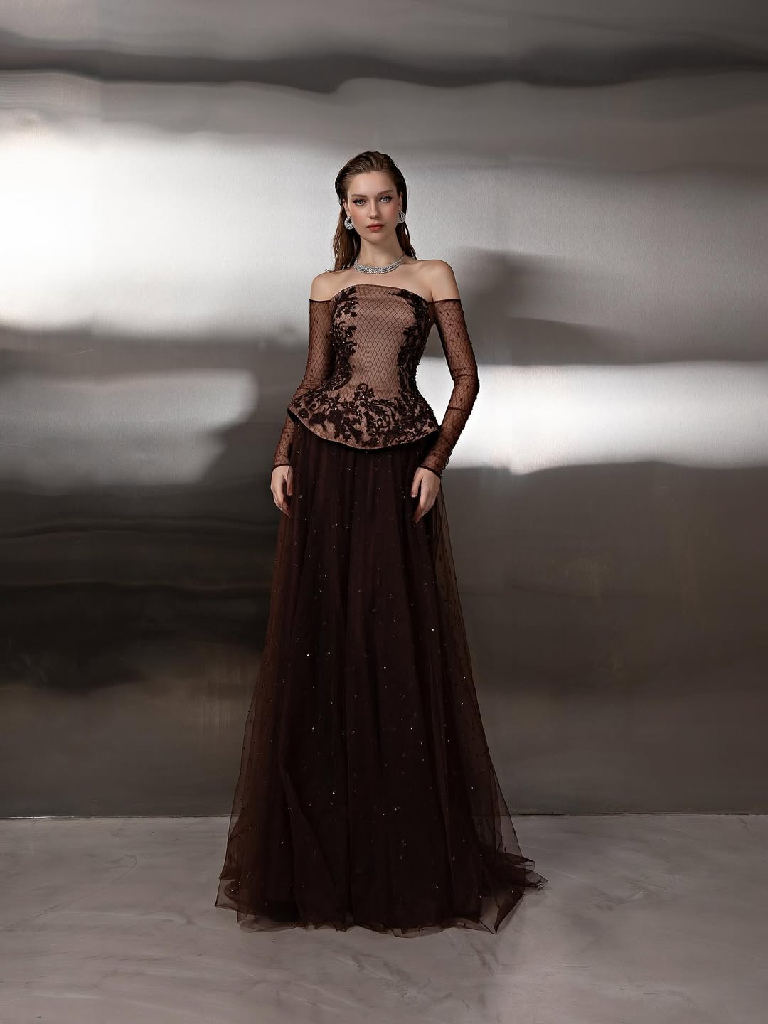 Applique Off-The-Shoulder Long Sleeves Dignified Brown Sequins Prom DressAcodress  YK0514