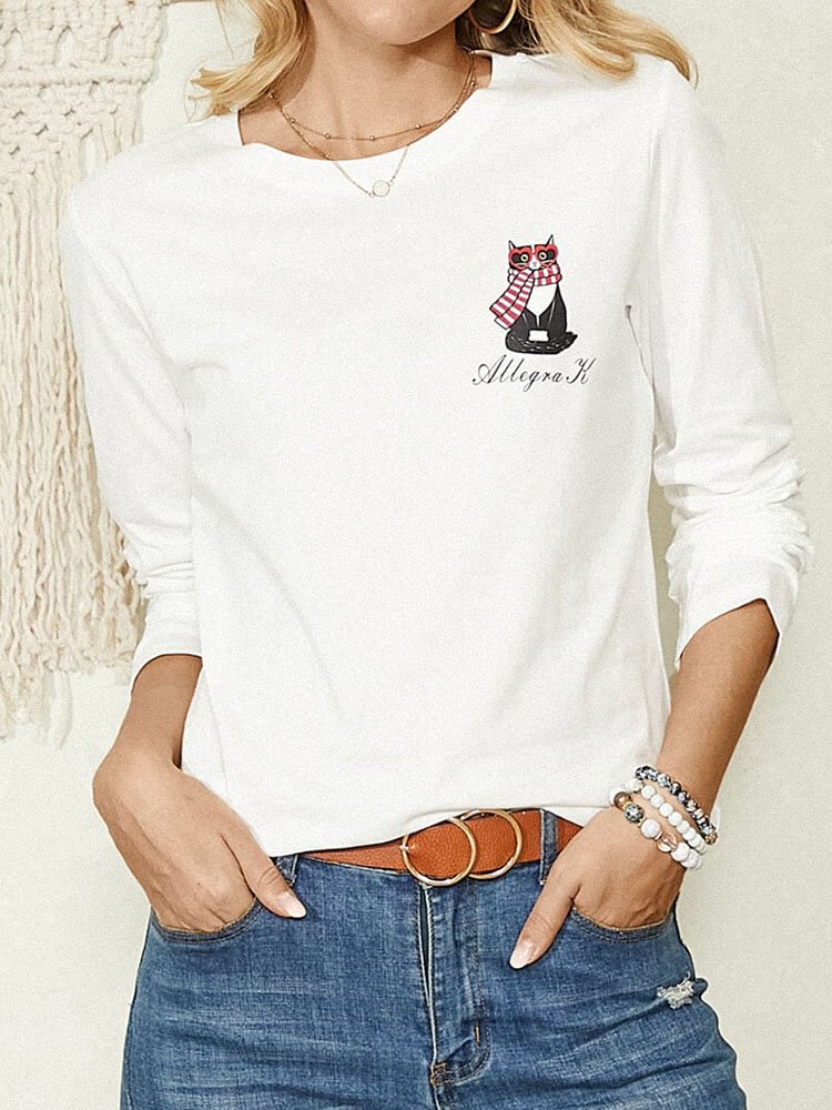 Cartoon Cat Letter Print O neck Long Sleeve Casual T shirt For Women P1806520