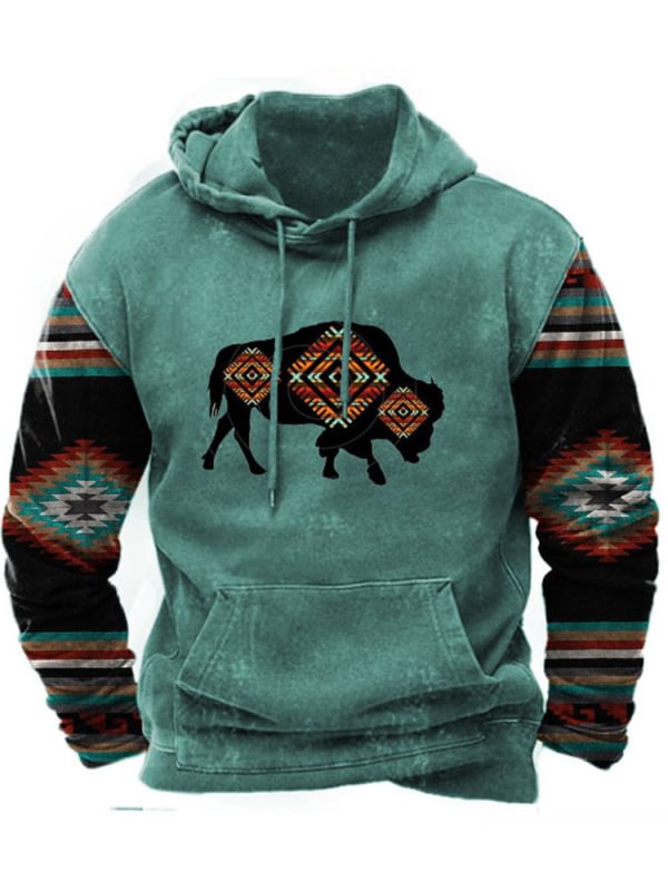 Men's Vintage Western Ethnic Split Print Hoodie Top