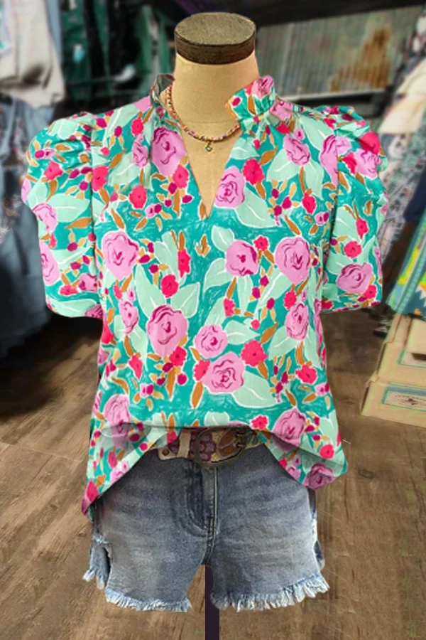 Floral Print V-Neck Puff Sleeve Top
