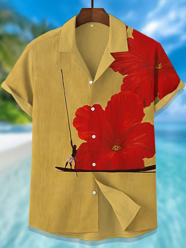 Men's Flower Black Man Rowing Art Print Casual Shirt