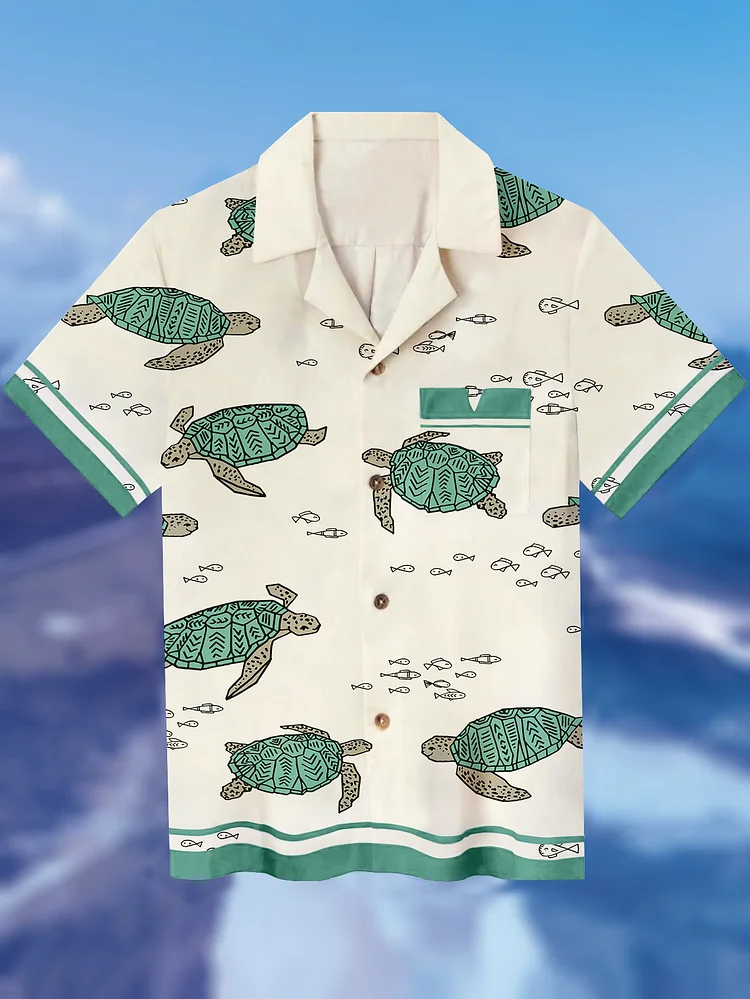 Men's Cartoon Art Fish Turtle Print Short Sleeve Shirt