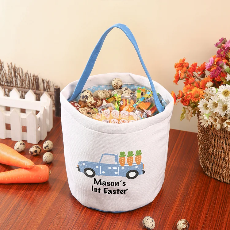 Easter Bunny Tote Bag Personalized Text Bucket Bag White Basket Gifts For Kids