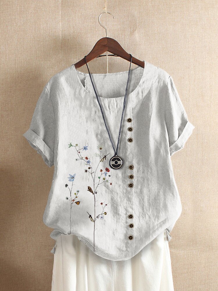 Floral Printed Short Sleeve Button T shirt For Women P1696712