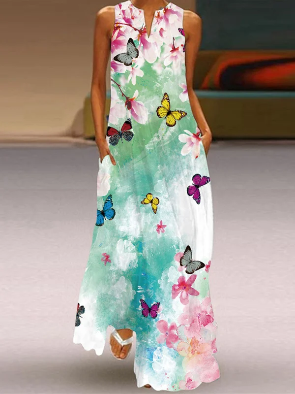 Butterfly Art Printed Flowy Maxi Dress