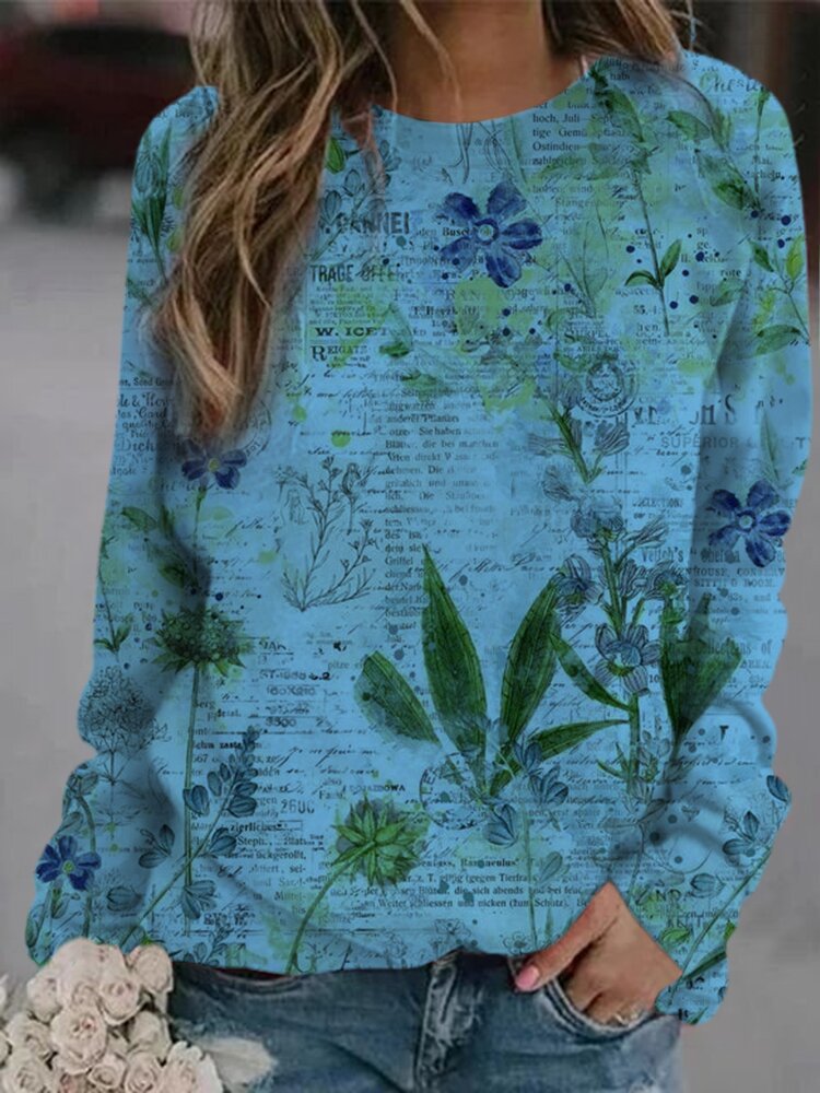 Casual Letter Vegetation Printed O neck Long Sleeve T shirt P1747362