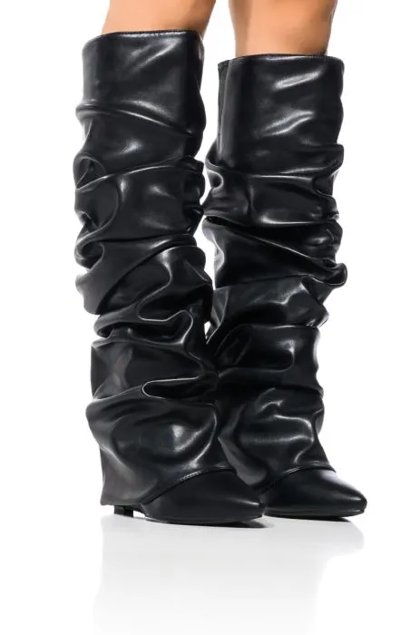 VCSHOES Women‘s Pointed Toe Knee High Boot Wedge Metallic High Heel Thigh High Boot Patent Leather Folds Long Boots 44
